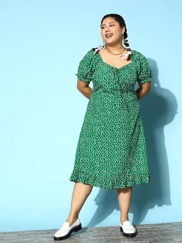 Midi Dresses in Satin Finish -Berrylush Women Plus Size Green & White Floral Printed Sweetheart Neck Front Tie-Up Flounce Hem A-Line Midi Dress