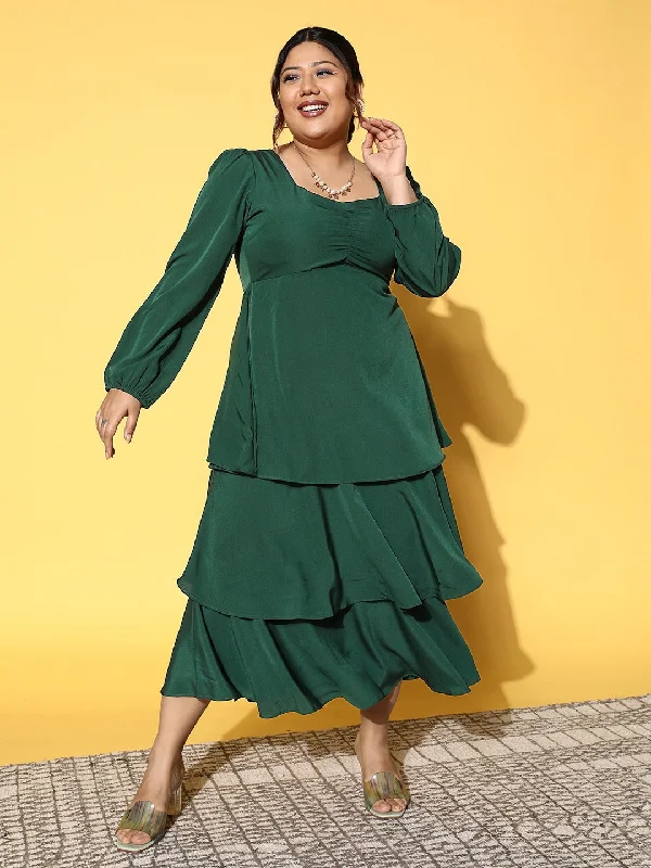 Midi Dresses for Wine Tasting -Berrylush Women Plus Size Solid Green Sweetheart Neck Crepe Flounce Hem Layered A-Line Midi Dress