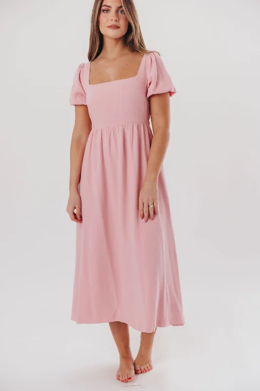 Midi Dresses for Art Gallery -Ainsley Square Neck Midi Dress with Puffed Sleeves in Bright Blush - Bump Friendly & Inclusive Sizing (S-3XL)