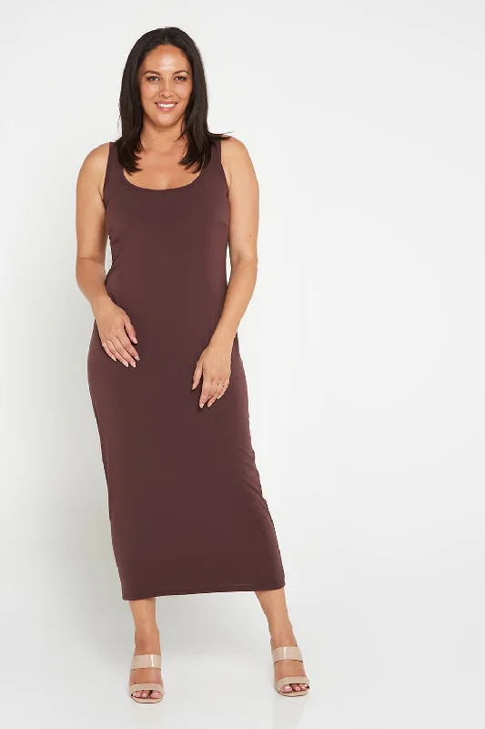 Midi Dresses in Flowy Fabric -Amy Midi Stretch Slip - Choc