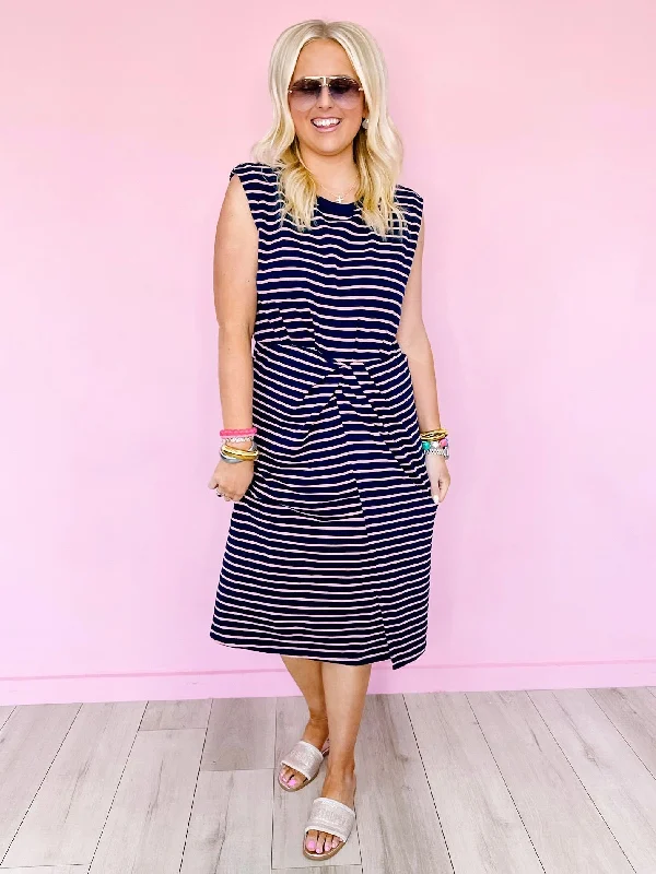 Midi Dresses with Flounce Front -KNOT YOU AVERAGE STRIPE MIDI DRESS - NAVY