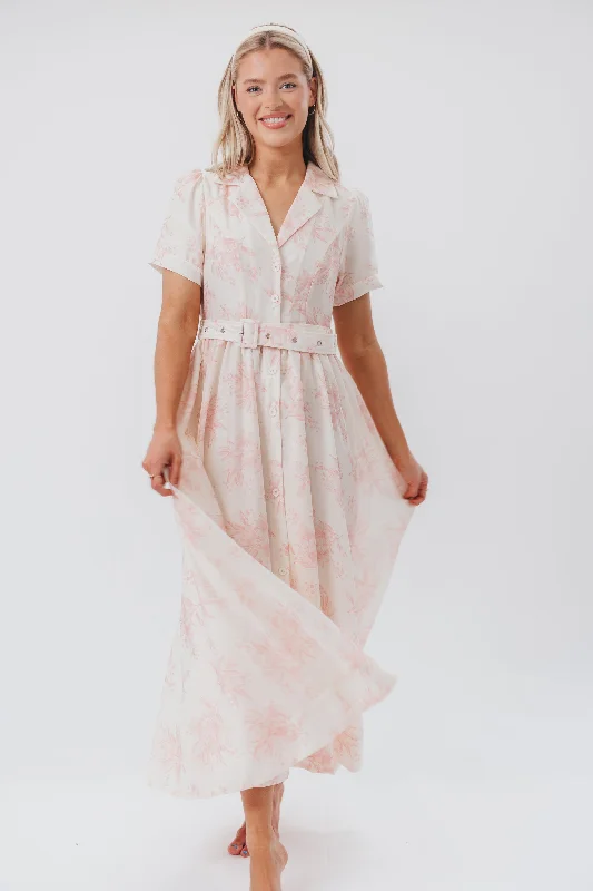 Midi Dresses in Breezy Fabric -Gracie Button Down Midi Dress with Belt in Pink Floral - Nursing Friendly