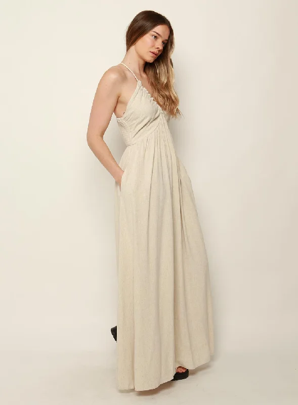 Midi Dresses for Rooftop Party -Amare Halter Midi Dress-NATURAL