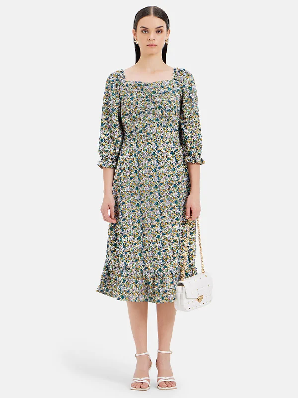 Midi Dresses for Day Fun -Floral Puff Sleeves Midi Dress