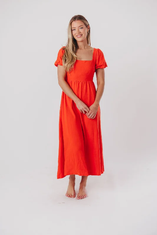 Midi Dresses for Pool Party -Ainsley Square Neck Midi Dress with Puffed Sleeves in Orange Poppy - Bump Friendly & Inclusive Sizing (S-3XL) FINAL FEW