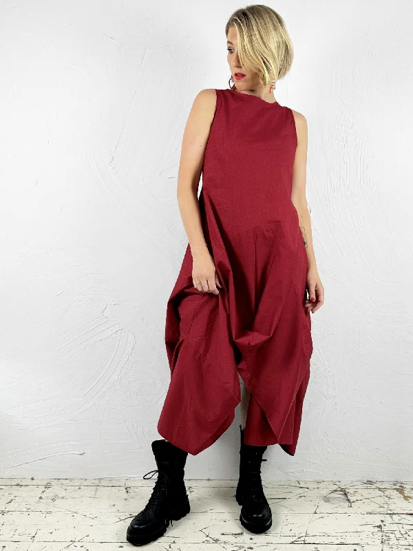 Midi Dresses with Flared Back -Red Sculpted Midi Dress