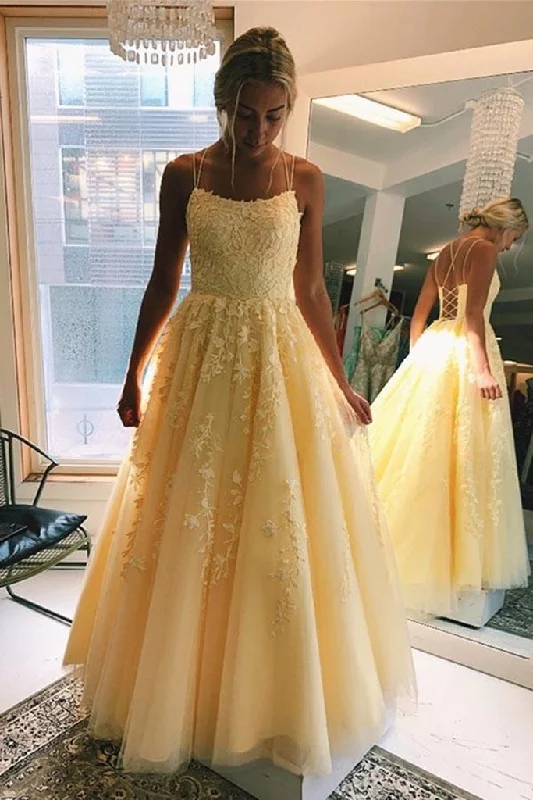 Evening Dress for Team Party -Midi Dresses with Swing Skirt -Evening Dress for Team Party -A Line Floor Length Lace Yellow Tulle Long Prom Dress, Yellow Lace Formal Dress, Yellow Evening Dress C2182