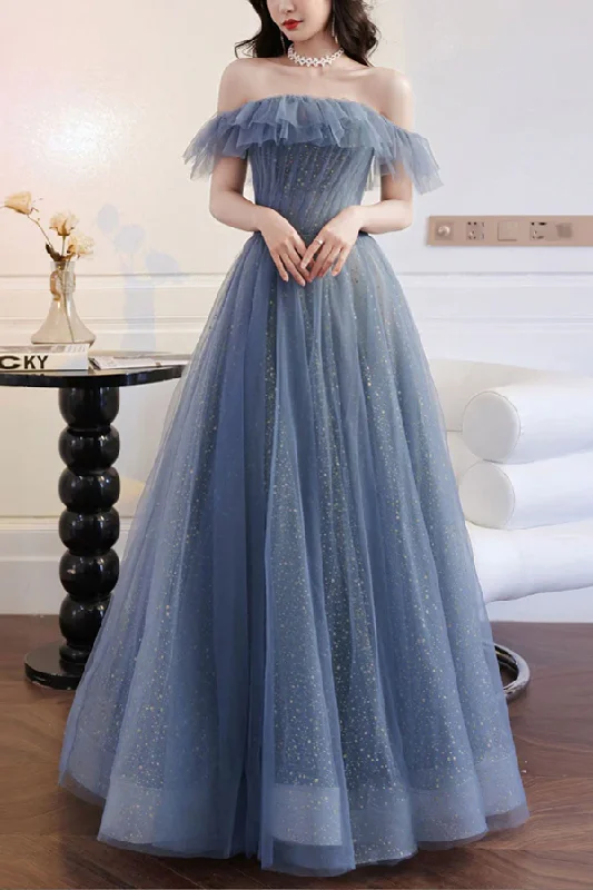 Evening Dress with Keyhole Back -Midi Dresses in Soft Denim -Evening Dress with Keyhole Back -A-Line Gray Blue Off The Shoulder Long Prom Dress Tulle Evening Dress c2516