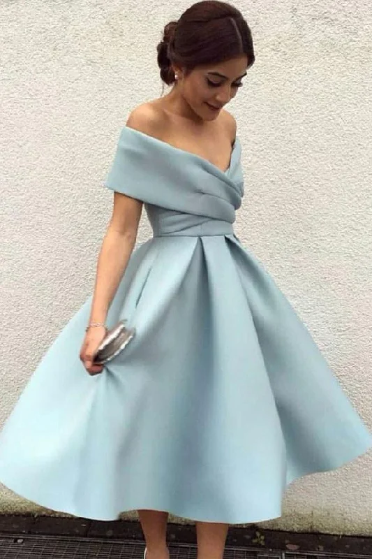 Evening Dress for Day Trip -Midi Dresses with Gathered Sleeves -Evening Dress for Day Trip -A-Line Off-the-Shoulder Tea-Length Sleeveless Homecoming Dress,Light Blue Satin Prom Dress c2955