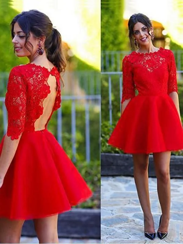 Evening Dress for Theme Party -Midi Dresses with Cold Shoulder -Evening Dress for Theme Party -A-Line Princess Scoop 1/2 Sleeves Lace Short Homecoming Dresses c3016