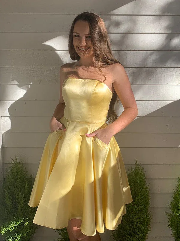 Evening Dress for Spring Fun -Midi Dresses with Flounce Front -Evening Dress for Spring Fun -A-Line/Princess Strapless Satin Sleeveless Short Homecoming Dresses c3280