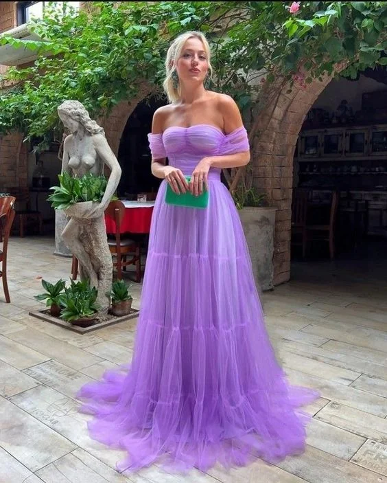 Evening Dress in Textured Fabric -Midi Dresses for Sunset Drinks -Evening Dress in Textured Fabric -A Line Purple Off the Shoulder Formal Evening Gowns Tulle Long Prom Dress cc1025