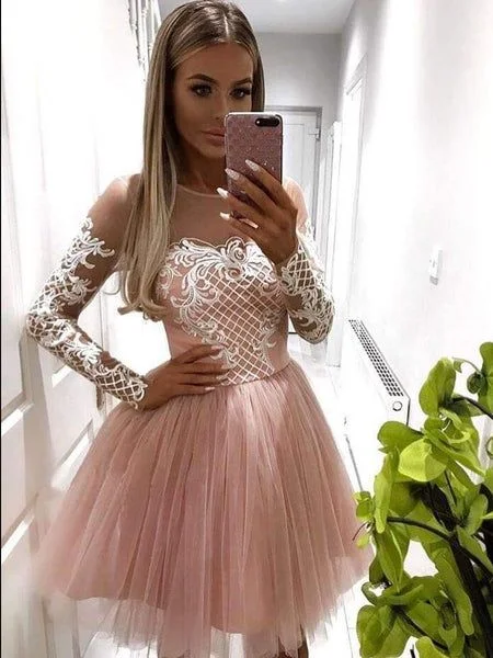 Evening Dress with Cross Edge -Midi Dresses in Smooth Wool -Evening Dress with Cross Edge -A-line Scoop Pink Lace Short Prom Dress Long Sleeve Homecoming Dress c3045