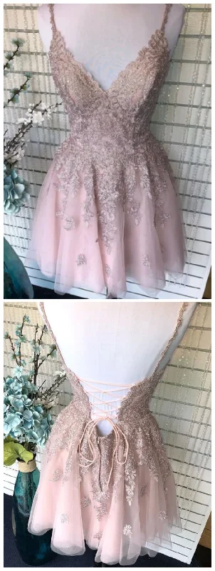 Elegant Evening Dress for Gala -Elegant Midi Dresses for Weddings -Elegant Evening Dress for Gala -A Line Spaghetti Straps Blush Homecoming Dress With Appliques Beading c3035