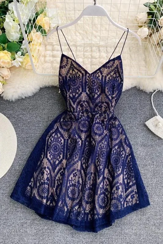 Evening Dress with Cross Edge -Midi Dresses in Smooth Wool -Evening Dress with Cross Edge -A Line Spaghetti Straps Lace V Neck Navy Blue Homecoming Dresses, Sweet 16 Dresses C882