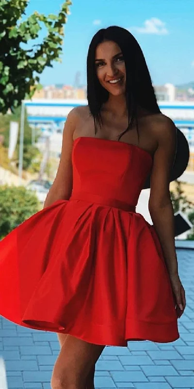 Evening Dress with Smocked Waist -Midi Dresses with Asymmetrical Hem -Evening Dress with Smocked Waist -A Line Strapless Red Satin Pleats Homecoming Dresses c3254