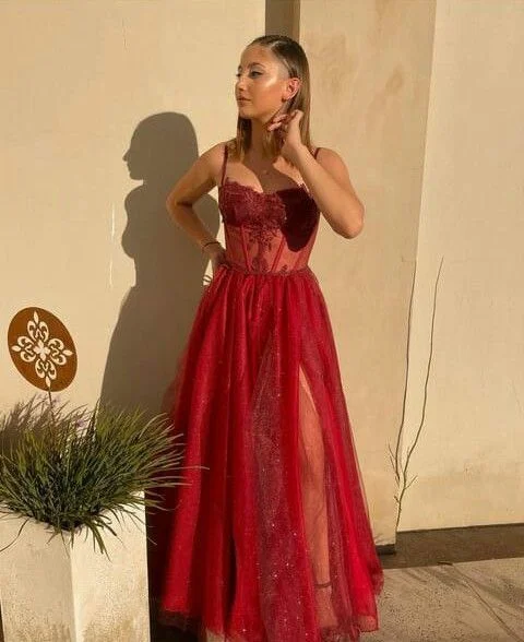 Evening Dress with Drop Waist -Midi Dresses in Relaxed Fit -Evening Dress with Drop Waist -A-line Sweetheart Spaghetti Straps Tulle Glitter Prom Dress With Applique cc525