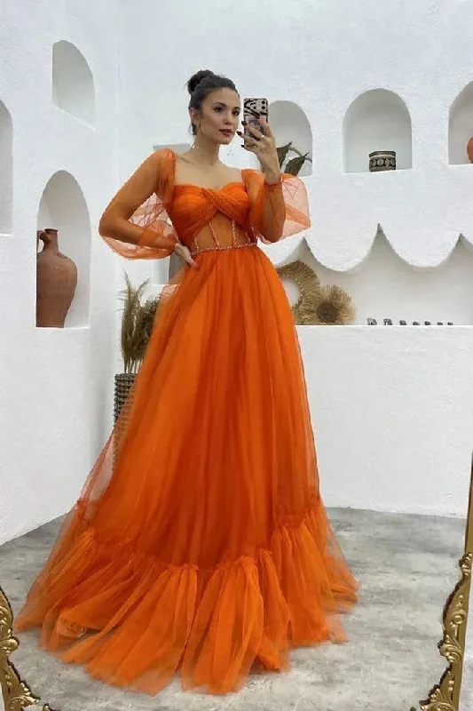 Evening Dress in Ombre Design -Midi Dresses for Fashion Events -Evening Dress in Ombre Design -A Line Tulle Orange Long Sleeves Long Prom Dress Long Evening Dress cc1280