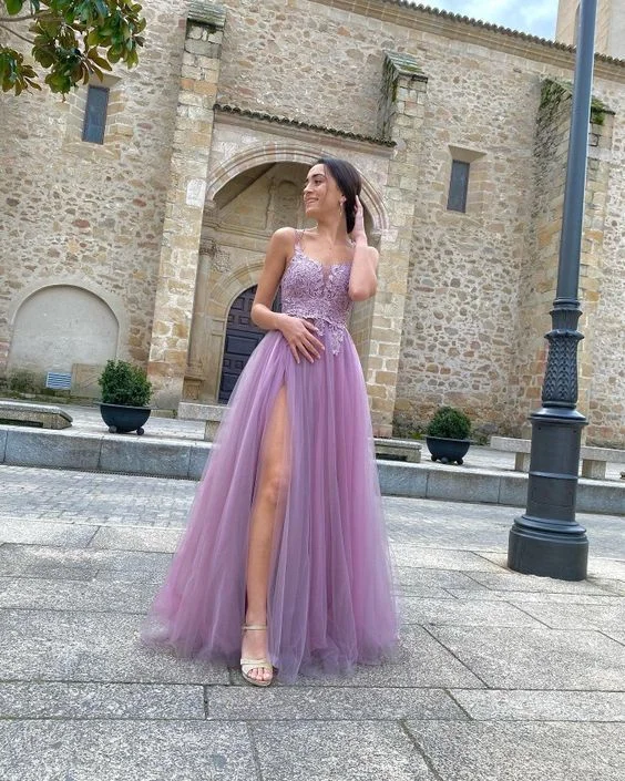 Evening Dress in Abstract Print -Midi Dresses for Street Style -Evening Dress in Abstract Print -A Line Tulle Purple Formal Evening Dresses Long Front Split Prom Dresses cc741