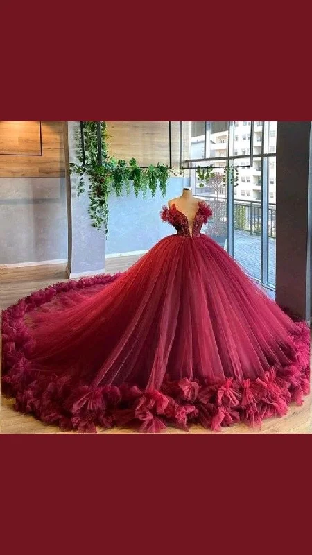 Evening Dress with Tie Sleeves -Midi Dresses in Dotted Pattern -Evening Dress with Tie Sleeves -A-line V Neck Ball Gwon Puffy Burgundy Sweet Ruffled Quinceanera Dress Tulle Sweet 16 Train Dress Dresses c3476