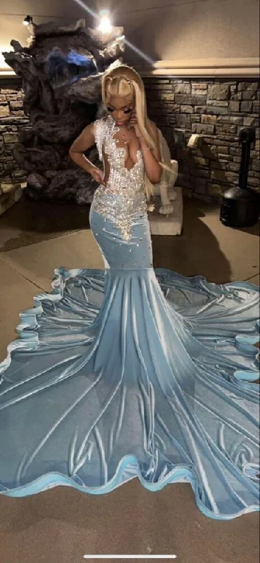 Evening Dress with Button Back -Midi Dresses in Pure Cotton -Evening Dress with Button Back -Baby Blue Mermaid Lace Appliques African Prom Dress Evening Dress cc1104