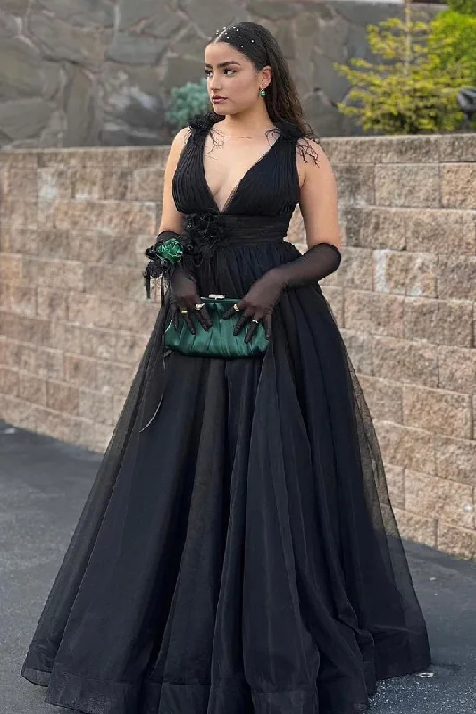 Evening Dress for Street Style -Midi Dresses with Side Tie -Evening Dress for Street Style -Backless Black Plunging V-Neck Tulle Long Prom Dress cc891