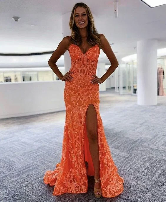 Evening Dress for Night Outing -Midi Dresses with Front Ruffles -Evening Dress for Night Outing -Beautiful Sheer V Neck Orange Prom Dress Lace Applique Orange Evening Dress c2882