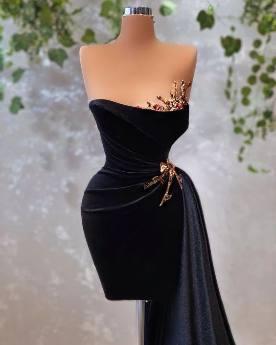 Evening Dress in Stretch Fabric -Midi Dresses for Night Picnic -Evening Dress in Stretch Fabric -Black Chic Short Prom Dress Unique neckline floral decoration party dress c2581