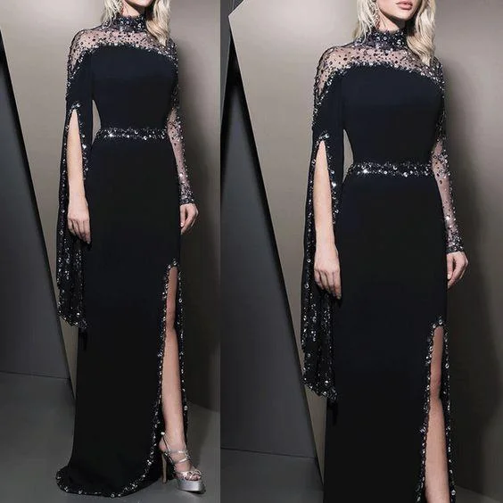 Evening Dress with Wrap Front -Midi Dresses with Halter Neck -Evening Dress with Wrap Front -Black Evening Dress, Beaded Evening Dress, High Neck Evening Dress prom dress with long sleeves c2958