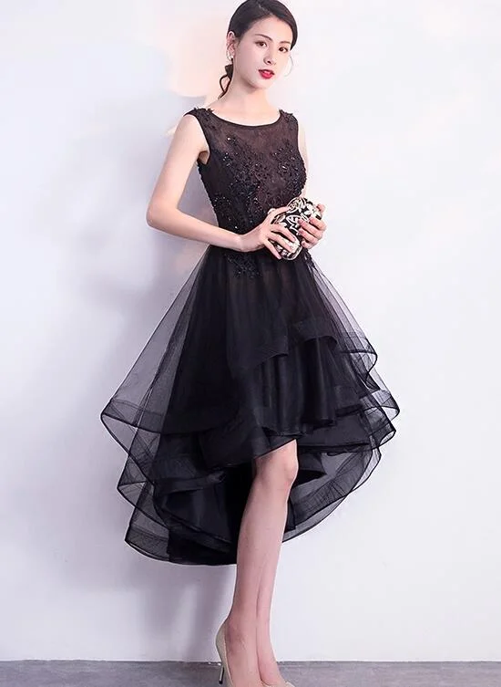 Evening Dress with Ruffle Sleeves -Midi Dresses in Bold Florals -Evening Dress with Ruffle Sleeves -Black High Low Tulle Round Neckline Lace Homecoming Dress, Black Short Party Dress Prom Dress  c2482