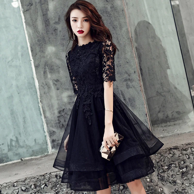 Evening Dress for Farewell Dinner -Midi Dresses with Tie Back -Evening Dress for Farewell Dinner -Black lace short prom dress homecoming dress c2963