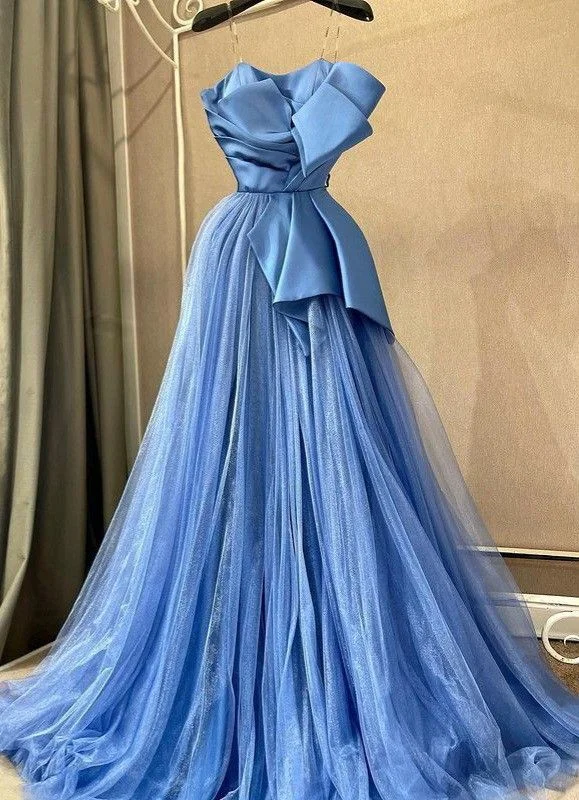 Evening Dress in Shimmer Fabric -Midi Dresses for Baby Shower -Evening Dress in Shimmer Fabric -Blue A-line Tulle Evening Dress,Fashion Blue Prom Gown  cc701