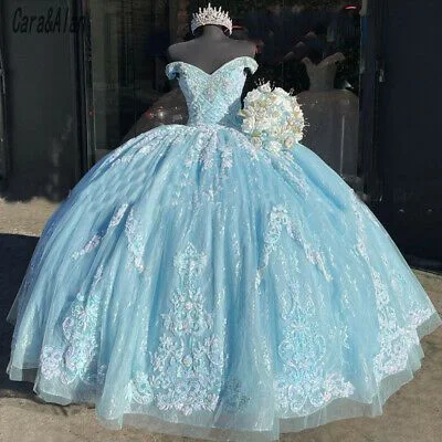 Evening Dress in Pure Cotton -Midi Dresses for Small Party -Evening Dress in Pure Cotton -Blue Quinceanera Dress Lace Applique Beaded Bling Organza Off Shoulder Sweet 16 Dress ,Blue Ball Gown C1918