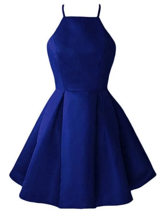 Evening Dress for Outdoor Concert -Midi Dresses with Open Back -Evening Dress for Outdoor Concert -Blue Short Halter Satin Party Dresses, Short Prom Dresses , Blue Homecoming Dresses c2984