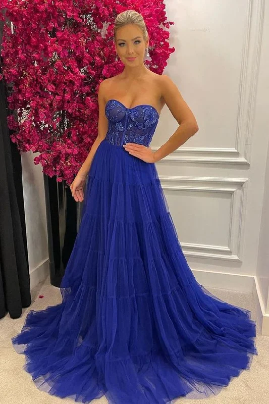 Evening Dress with Peplum Top -Midi Dresses in Ombre Design -Evening Dress with Peplum Top -Blue Strapless Appliques Tulle A Line Evening Dress Long cc1028