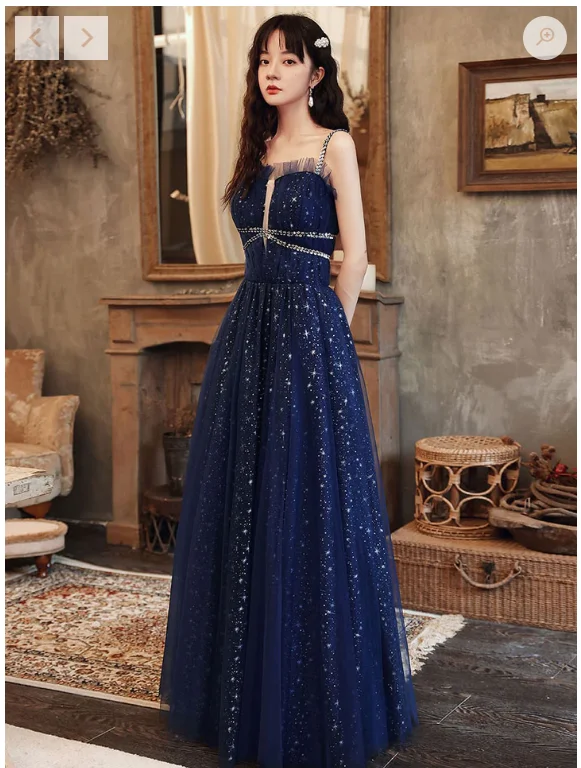 Evening Dress for Casual Lunch -Midi Dresses with Ruffle Sleeves -Evening Dress for Casual Lunch -Blue tulle A line sequin long prom dress, blue tulle formal dress C2378