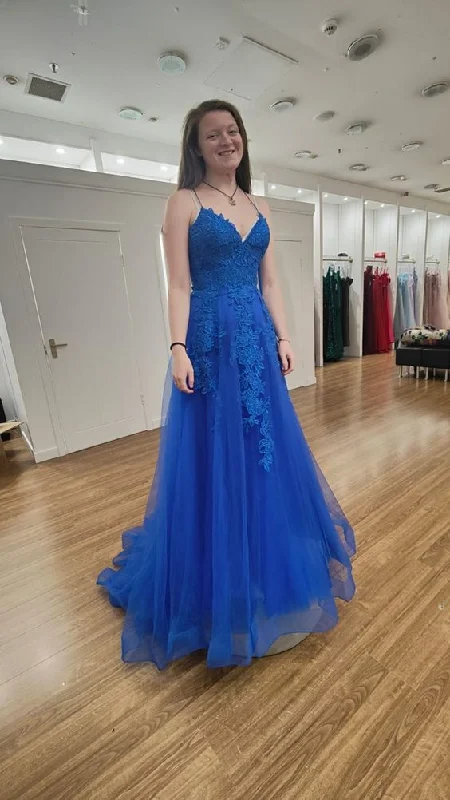 Evening Dress for Picnic Date -Midi Dresses with Layered Skirt -Evening Dress for Picnic Date -Blue Tulle Lace Long Prom Dress, V-Neck Formal Evening Dress cc1023