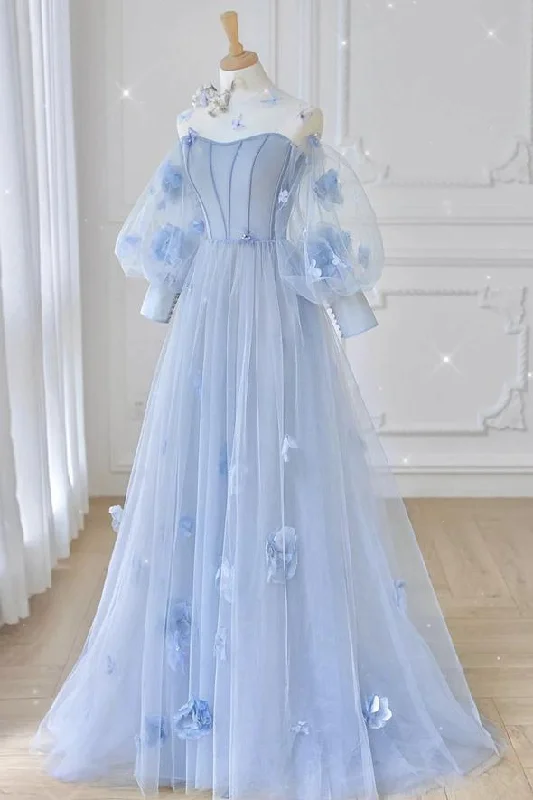 Blue tulle long sleeve prom dress blue evening dress C1860