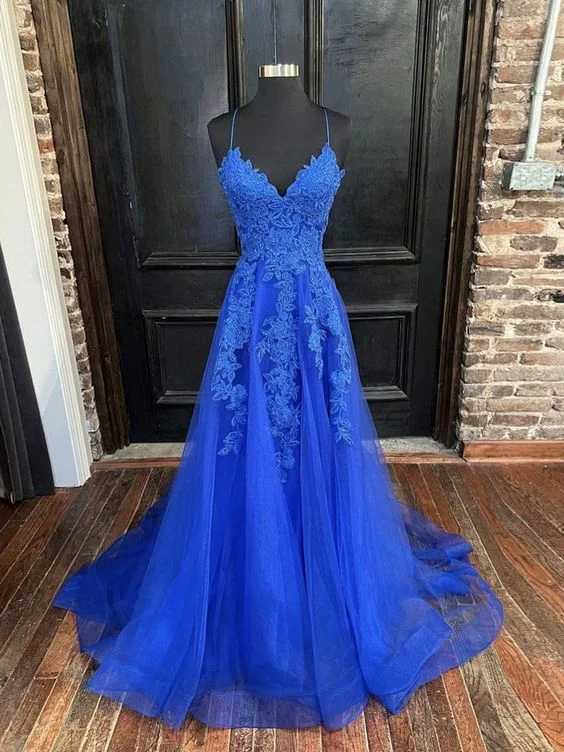 Evening Dress in Flowing Style -Midi Dresses for Charity Gala -Evening Dress in Flowing Style -Blue v neck tulle lace long prom dress, blue tulle formal dress cc182