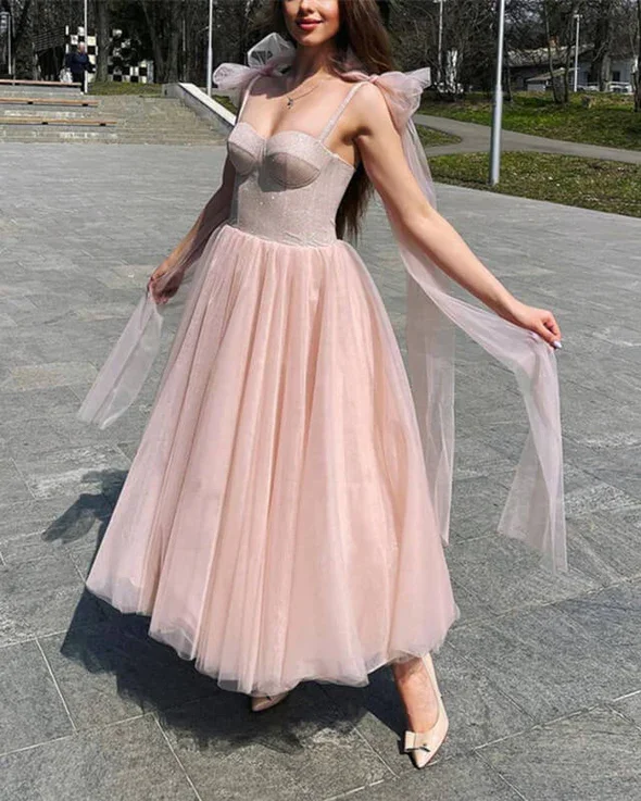 Evening Dress with Peplum Top -Midi Dresses in Ombre Design -Evening Dress with Peplum Top -Blush Tulle Ankle Length Dress With Sparkly Corset Tea Length Prom Dress c3454