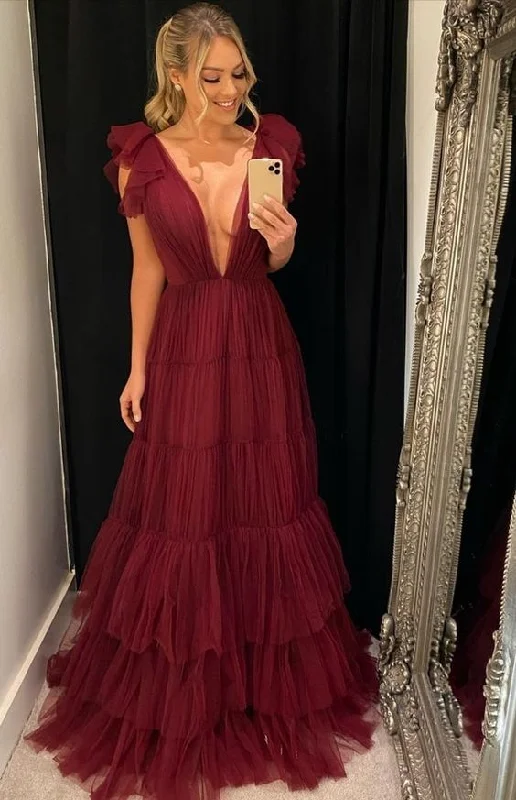 Evening Dress with Bow Details -Midi Dresses with Pleated Bodice -Evening Dress with Bow Details -Burgundy Deep V-Neck Tulle A Line Prom Dresses  cc836