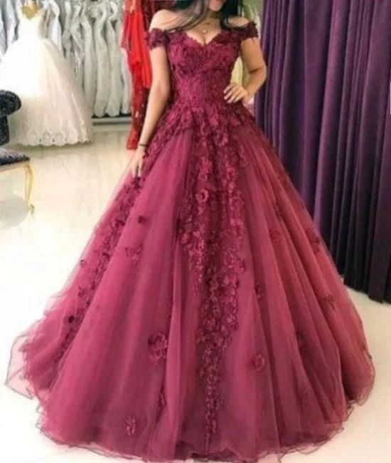 Evening Dress for Dinner Date -Midi Dresses with Balloon Sleeves -Evening Dress for Dinner Date -Burgundy off shoulder tulle lace applique long prom dresses C428