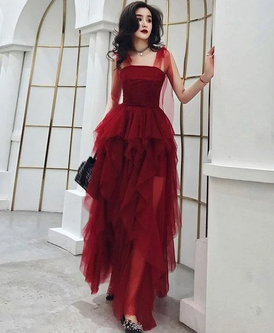 Evening Dress for Lake Date -Midi Dresses with Front Pleats -Evening Dress for Lake Date -Burgundy Sweetheart Tulle Long Prom Dress, Burgundy Evening Dress C2144