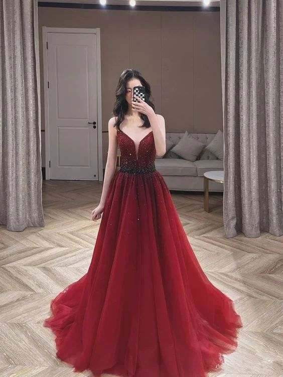 Evening Dress with Smocked Waist -Midi Dresses with Asymmetrical Hem -Evening Dress with Smocked Waist -Burgundy Tulle Beaded Long Prom Dress, A-Line Spaghetti Strap Evening Dress cc973