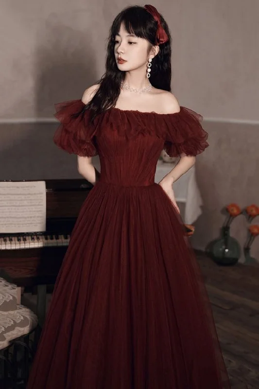 Evening Dress with Flared Back -Midi Dresses in Bold Silk -Evening Dress with Flared Back -Burgundy tulle long A line prom dress evening dress C1561