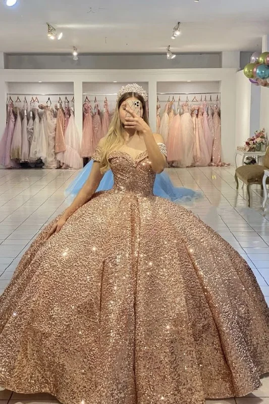 Evening Dress with Flared Skirt -Midi Dresses with Embroidered Details -Evening Dress with Flared Skirt -Rose Gold Sequin Quinceanera Dress Off The Shoulder Ball Gown  cc1085