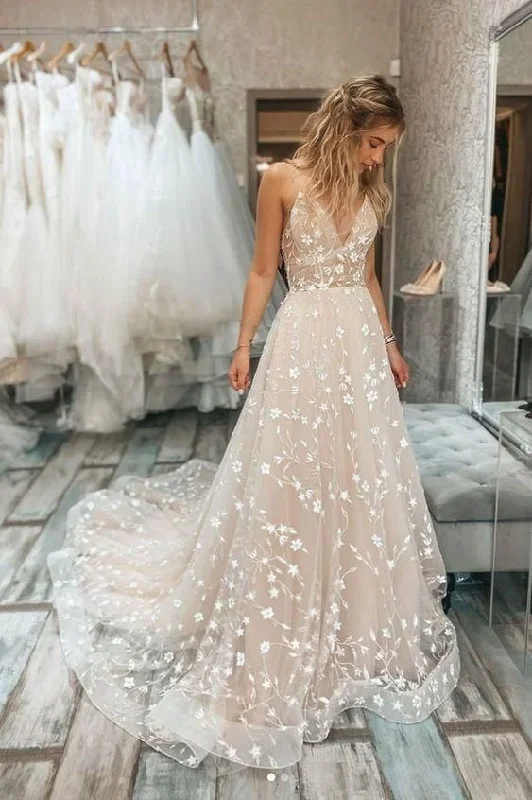 Evening Dress for Spring Chill -Midi Dresses with Flounce Back -Evening Dress for Spring Chill -Champagne v neck tulle lace long prom dress champagne evening dress  C1630