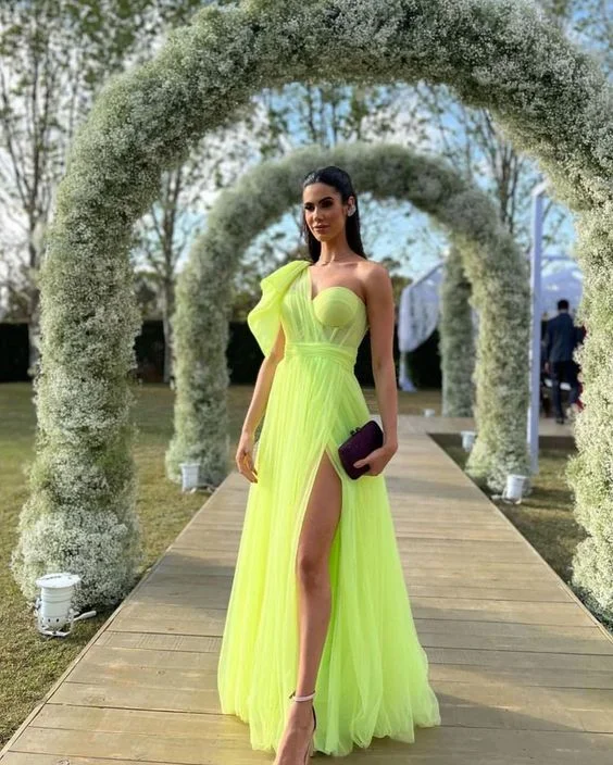 Evening Dress with Lace Sleeves -Midi Dresses with Long Hemline -Evening Dress with Lace Sleeves -Charming A Line One Shoulder Fluorescent Green Tulle Long Prom Dresses with Slit cc793