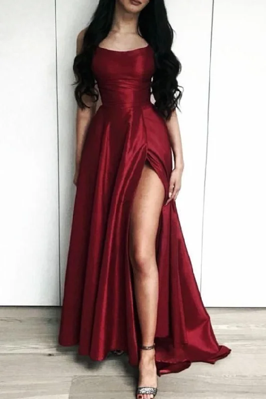 Evening Dress for Road Trip -Midi Dresses with Lace Up Front -Evening Dress for Road Trip -Charming Burgundy Side Slit Long Evening Dress, Sexy Prom Dresses C1726