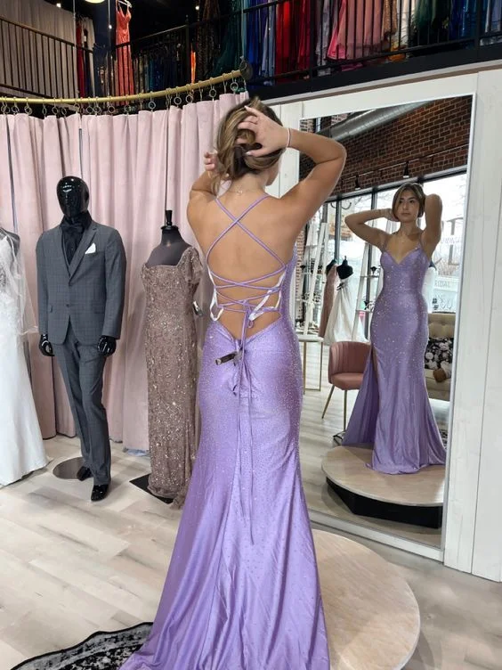 Evening Dress for Fall Party -Midi Dresses with Ruffle Edge -Evening Dress for Fall Party -Charming Mermaid Straps Slit Beaded Backless Lilac Prom Dress cc1368